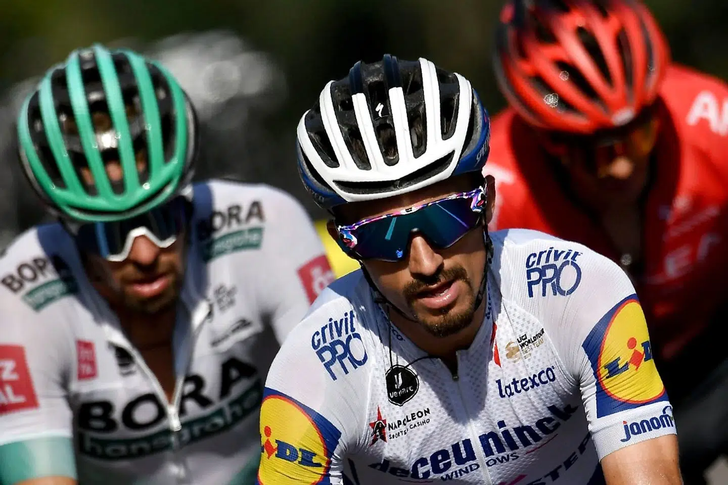 Team Deceuninck rider France's Julian Alaphilippe rides with the escapees during the 16th stage of the 107th edition of the Tour de France cycling race, 164 km between La Tour du Pin and Villard-de-Lans, on September 15, 2020. (Photo by Marco Bertorello / AFP)