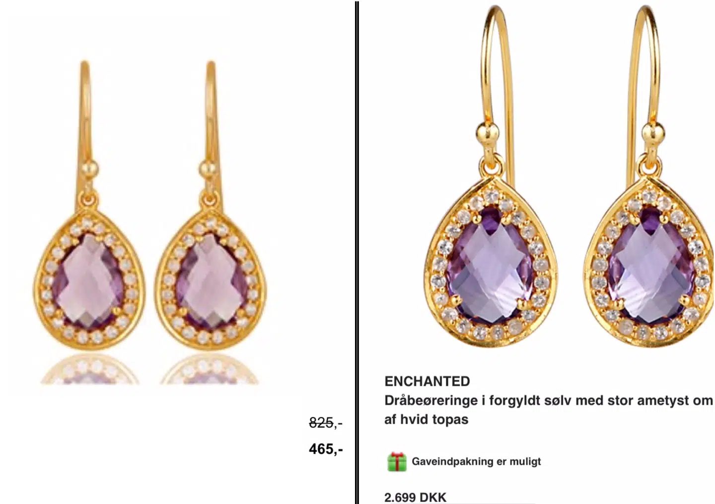 Eksempel på øreringe, der kan købes hos både Chanti og Jewlscph. Førstnævnte tager 465 kroner for øreringene på tilbud, mens Mai Manniche tager 2.699 kroner.