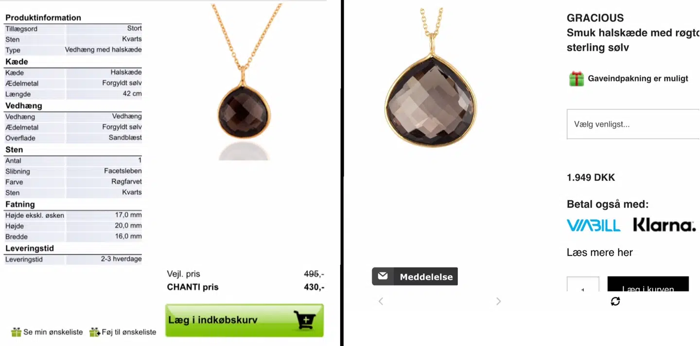 Et af eksemplerne på en halskæde, der bliver solgt hos både Chanti og Mai Manniche. Halskæden koster 430 kroner på tilbud hos Chanti og hele 1.949 hos Jewlscph.