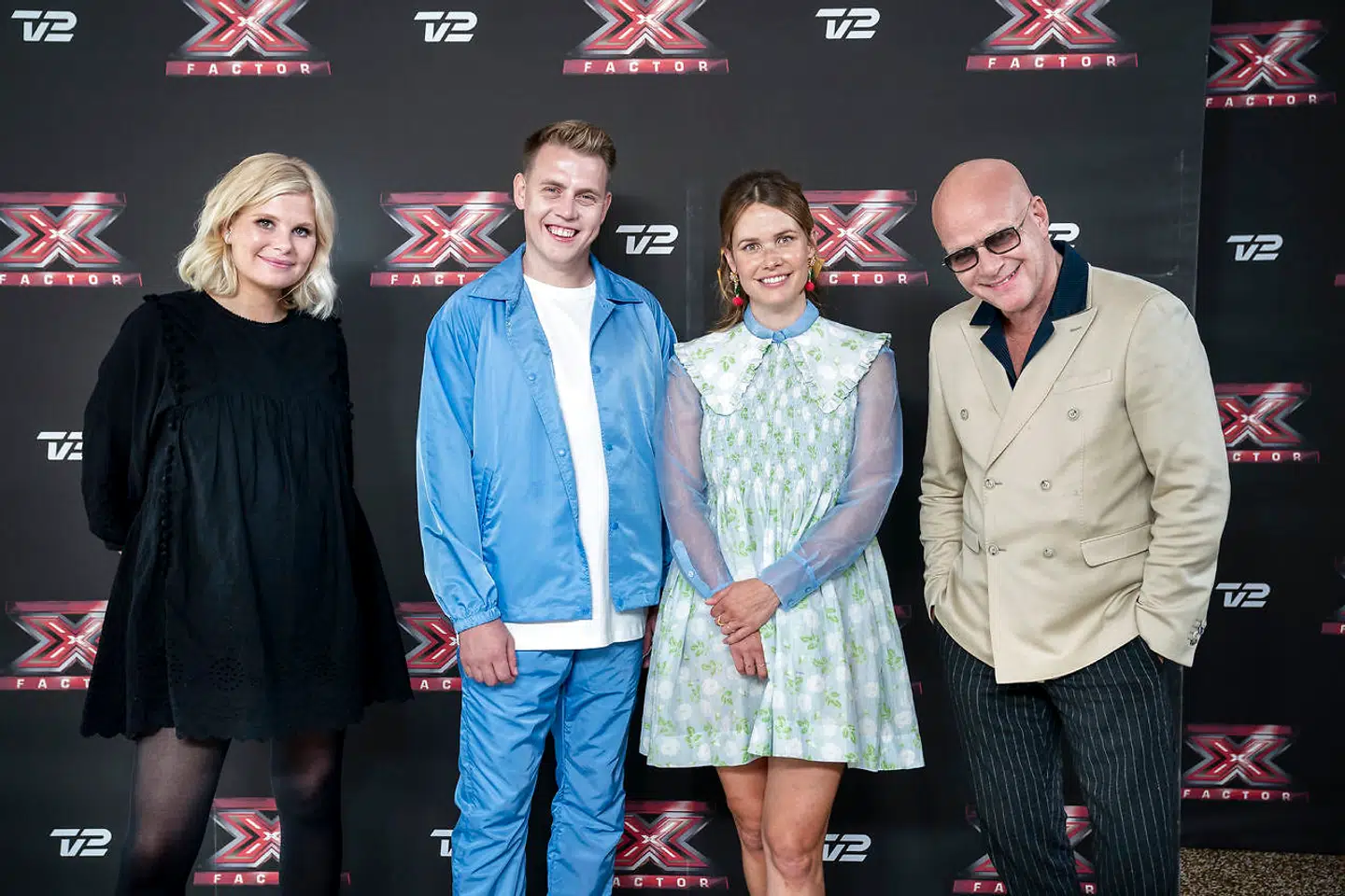 Værtinde Sofie Linde og dommerne Thomas Blachman, Oh Land og DJ Martin Jensen. TV 2 præsenterer det nye dommerhold i X Factor 2021 på et pressemøde i Marketenderiet i Valby, fredag den 11. september 2020.