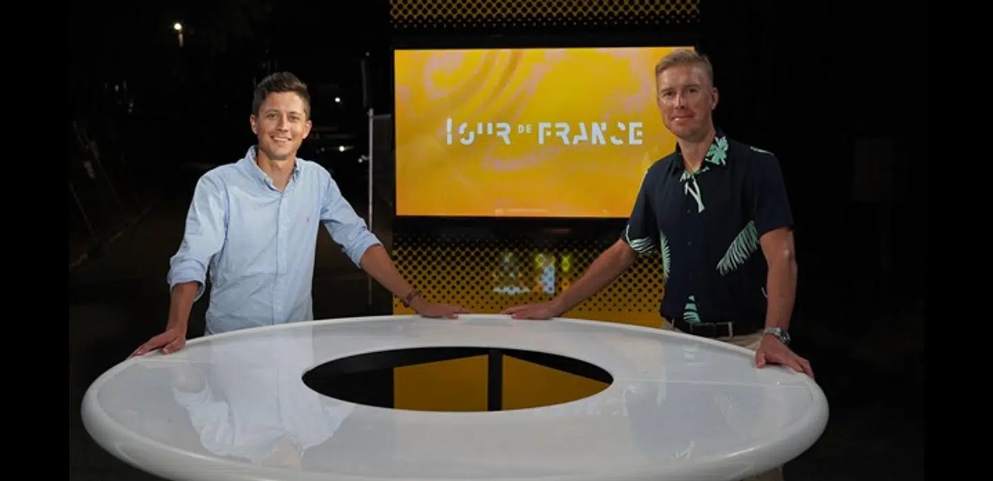TV 2 har opgraderet Tour-satsningen med programmet 'AftenTour' - her ved Rasmus Staghøj og Lars Bak.