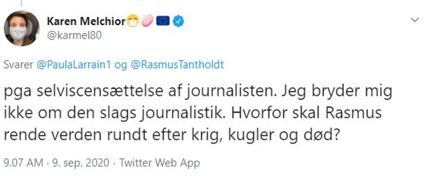 Sådan skriver Karen Melchior som svar på, hvorfor man kritiserer Rasmus Tantholdt, når han blot skildrer virkeligheden.