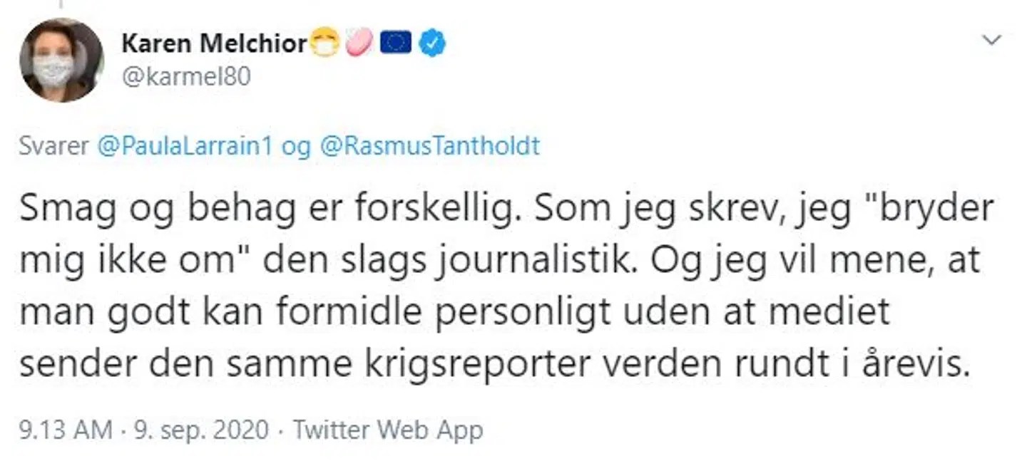 Sådan skriver Karen Melchior videre om sin holdning til TV 2's brug af korrespondent Rasmus Tantholdt.
