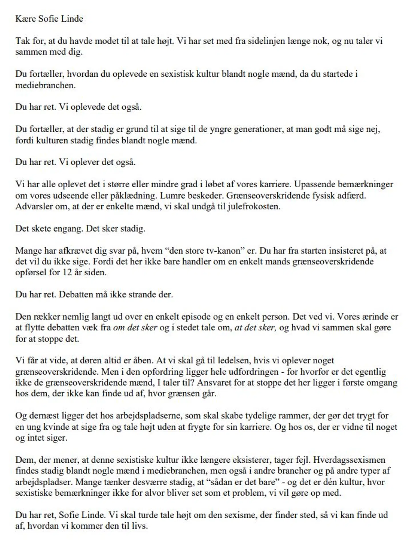 Brevet, som kvinder i underholdningsbranchen i disse dage opfordres til at underskrive.
