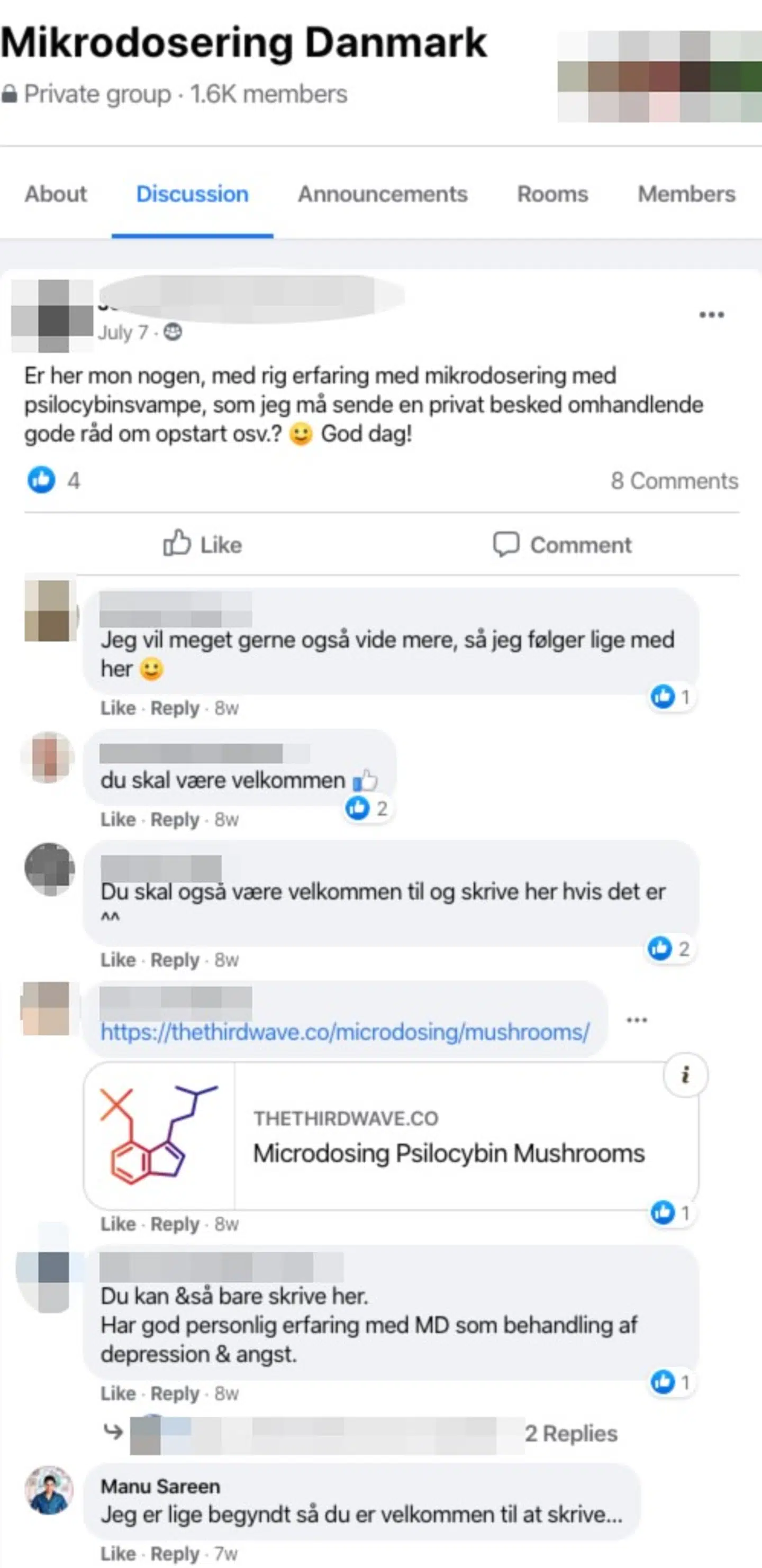 Screenshot fra Facebook-gruppen 'Mikrodosering Danmark'