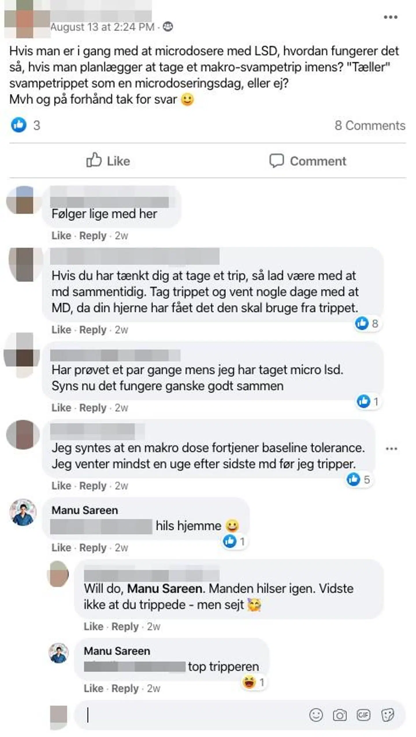 Screenshot fra Facebook-gruppen 'Mikrodosering Danmark'