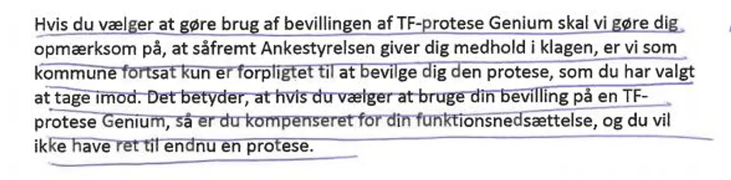 Her kan du læse Hillerød Kommunes svar til Rasmus, da han gjorde opmærksom på, at han ville klage over, at han havde fået afslag på en vandtæt protese.