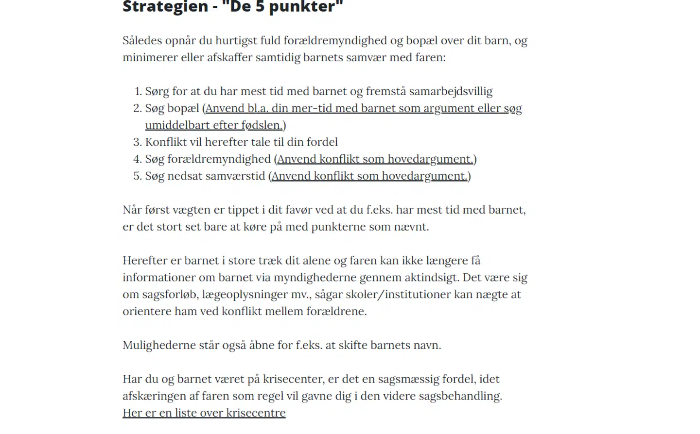 Screenshot af 'de 5 punkter' på hjemmesiden morsmanual.dk, der senere på siden bliver uddybet punkt for punkt.