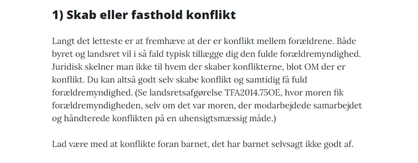 Screenshot fra hjemmesiden morsmanual.dk om, hvordan man kan få den fulde forældremyndighed.