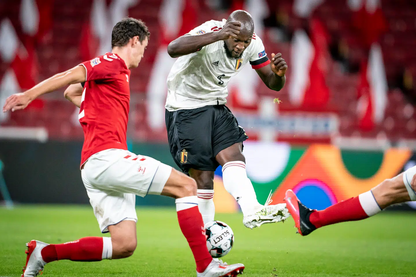 Belgiums Romelu Lukaku and Denmarks Andreas Christensen during the Nations League Group stage football match between Denmark and Belgium at Parken Stadium in Copenhagen, Denmark, September 5, 2020.