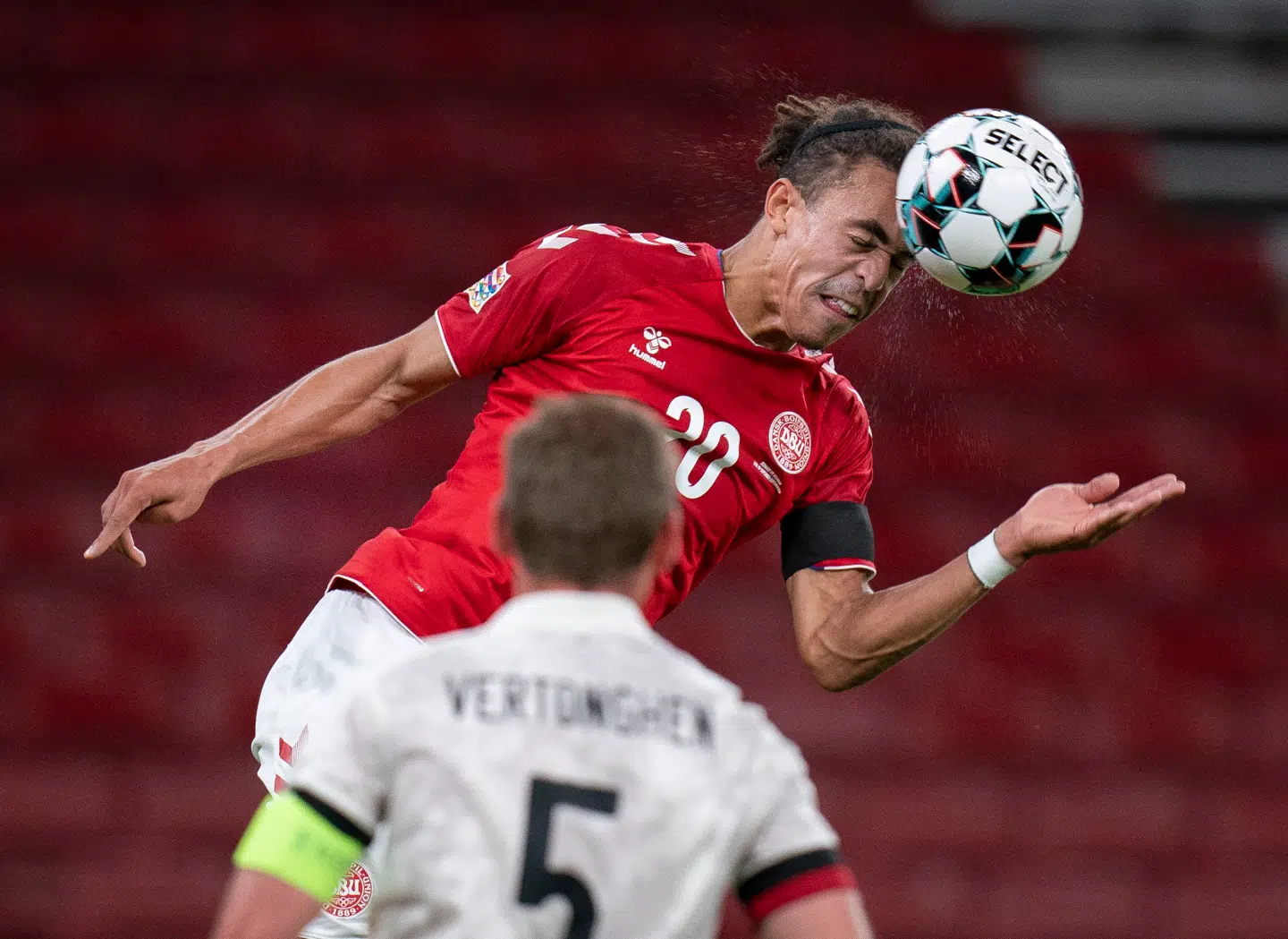 Yussuf Poulsen during the Nations League match between Denmark and Belgium in Parken in Copenhagen on Saturday 5 September 2020. (Photo: Liselotte Sabroe / Ritzau Scanpix)