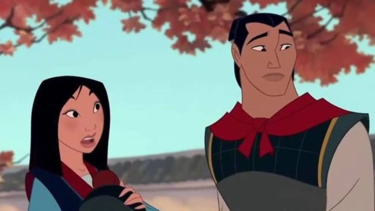 Her Mulan og Li Shang sammen i den animerede udgave af 'Mulan' fra 1998.