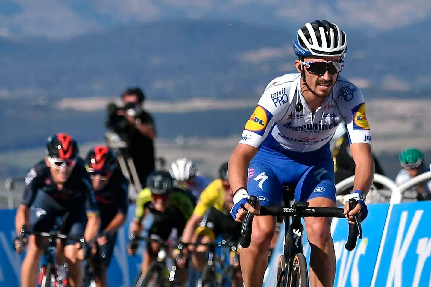 Team Deceuninck rider France's Julian Alaphilippe attacks the pack in the Mont Aigoual during the 6th stage of the 107th edition of the Tour de France cycling race, 191 km between Le Teil and Mont Aigoual, on September 3, 2020. (Photo by Marco Bertorello / AFP)