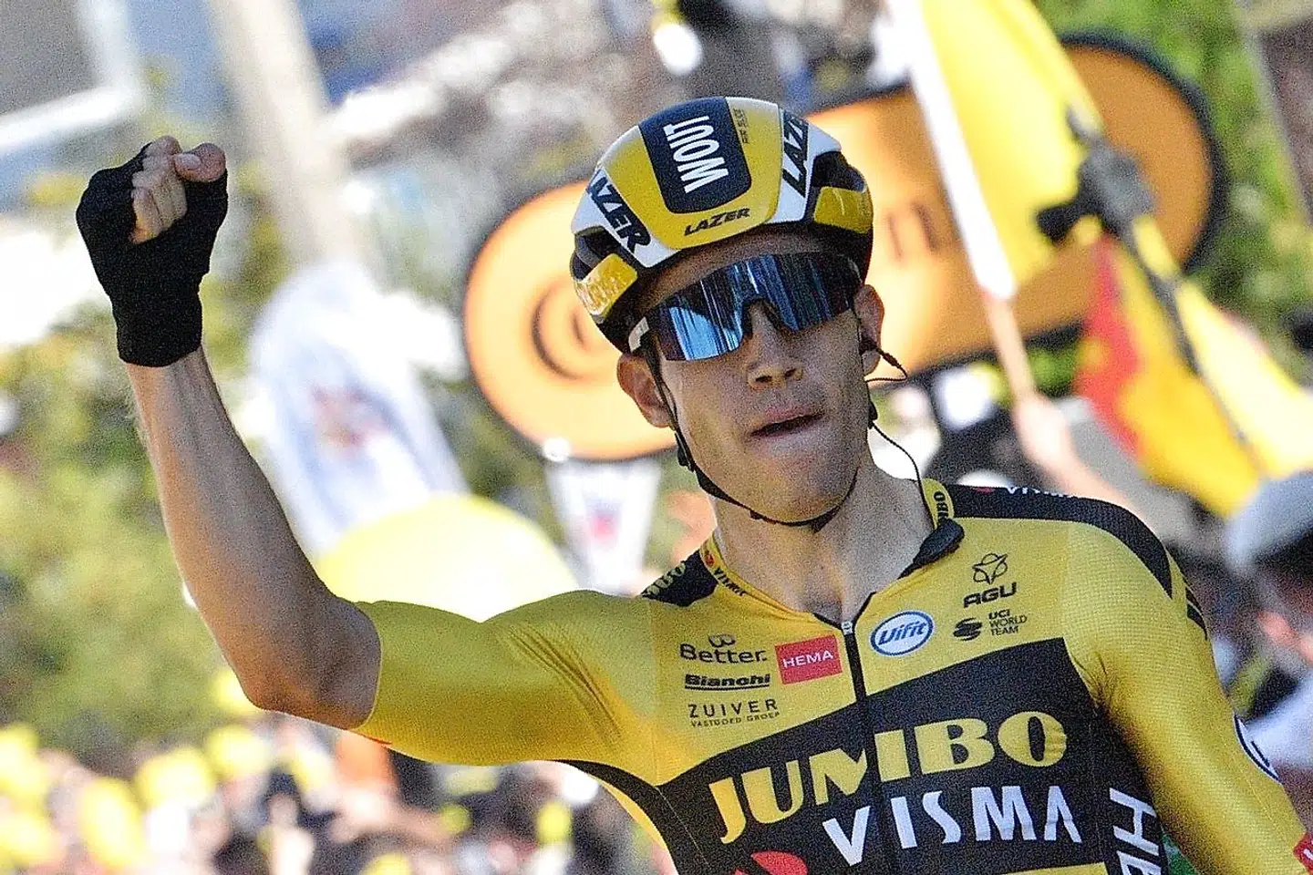 Team Jumbo rider Belgium's Wout van Aert celebrates as he crosses the finish line to win the 5th stage of the 107th edition of the Tour de France cycling race, 185 km between Gap and Privas, on September 2, 2020. (Photo by Anne-Christine POUJOULAT / POOL / AFP)