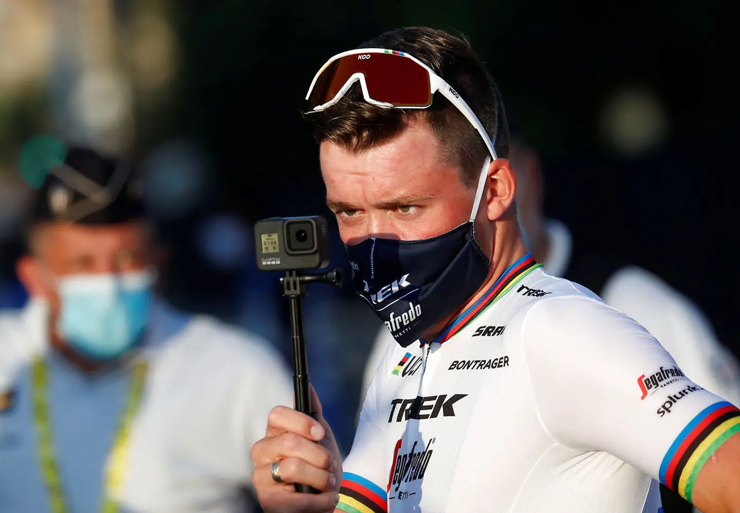 Den danske verdensmester Mads Pedersen (Trek-Segafredo) under holdpræsentationen ved årets Tour de France.