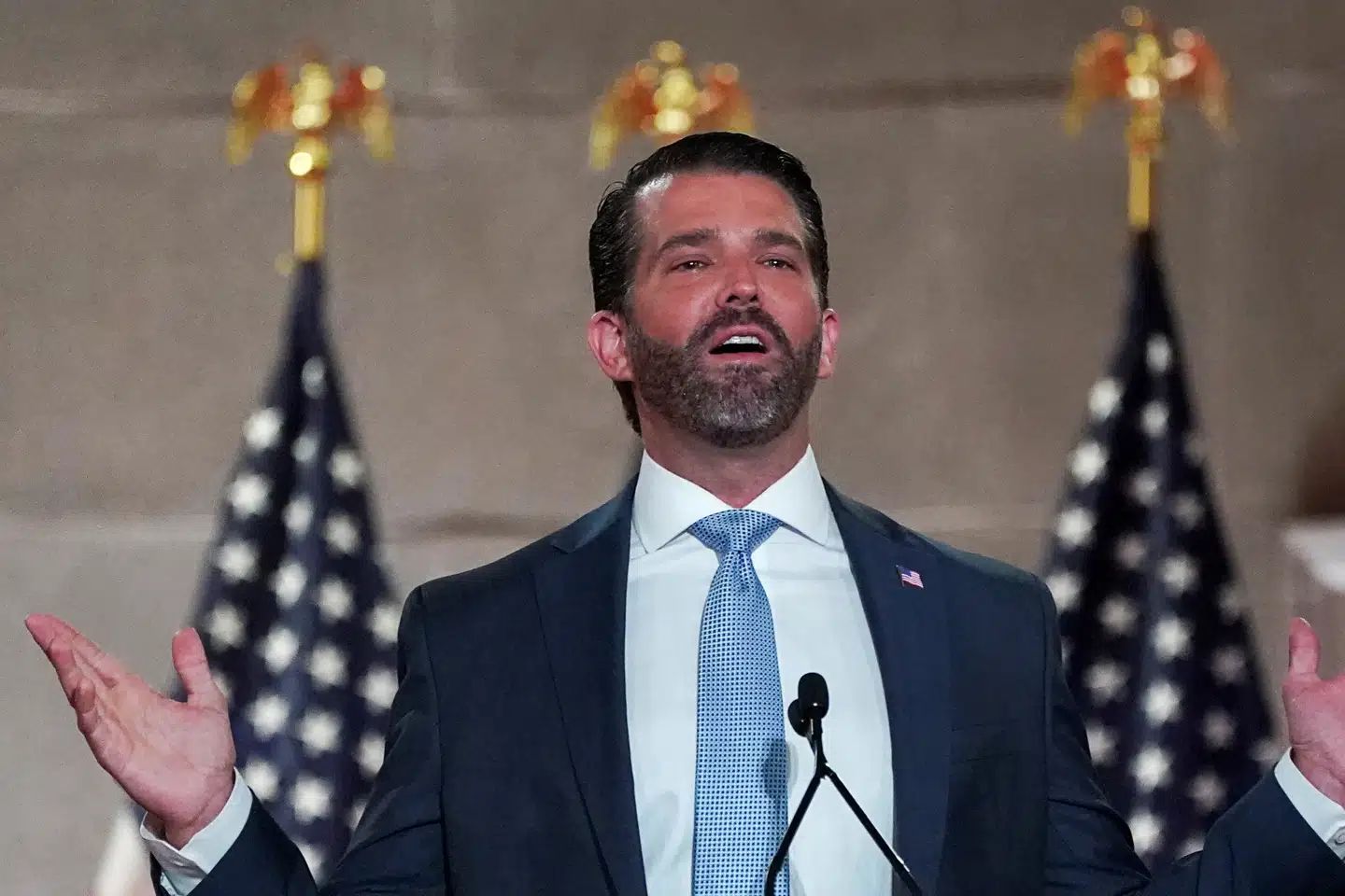 Donald Trump Jr. leverede en tale ved Republikanernes partikonvent mandag som en af de mest prominente talere på førstedagen for konventet. Kevin Lamarque/Reuters