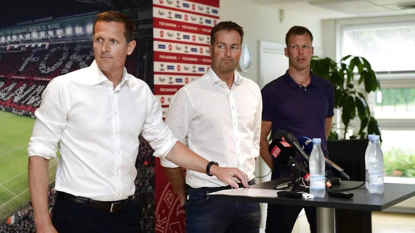 Sådan så det ud, da Peter Møller i juni 2019 præsenterede Kasper Hjulmand og Morten Wieghorst som henholdsvis ny landstræner og assistent.