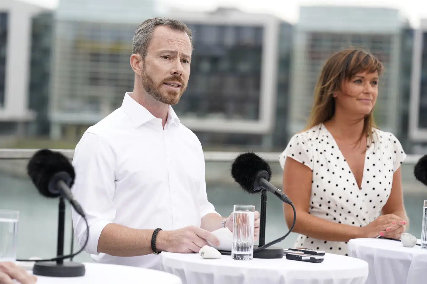 Jakob Ellemann-Jensen, Sophie Løhde og Karsten Lauritzen ses her under Venstre's pressemøde i forbindelse med deres sommergruppemøde på Hotel Alsik i Sønderborg, fredag den 21. august 2020. Henning Bagger/Ritzau Scanpix
