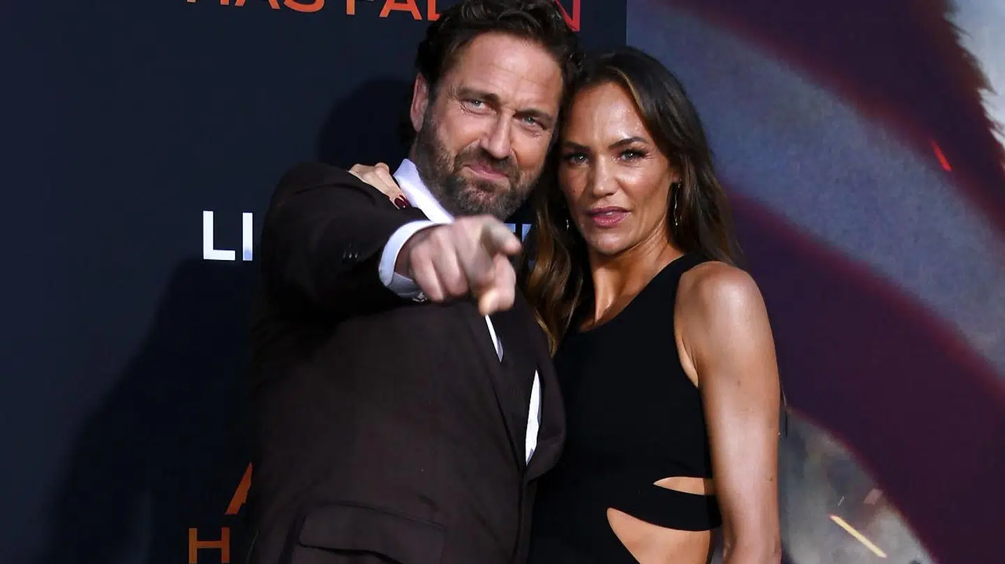 Gerard Butler og Morgan Brown til 'Angel Has Fallen'-premieren i 2019.