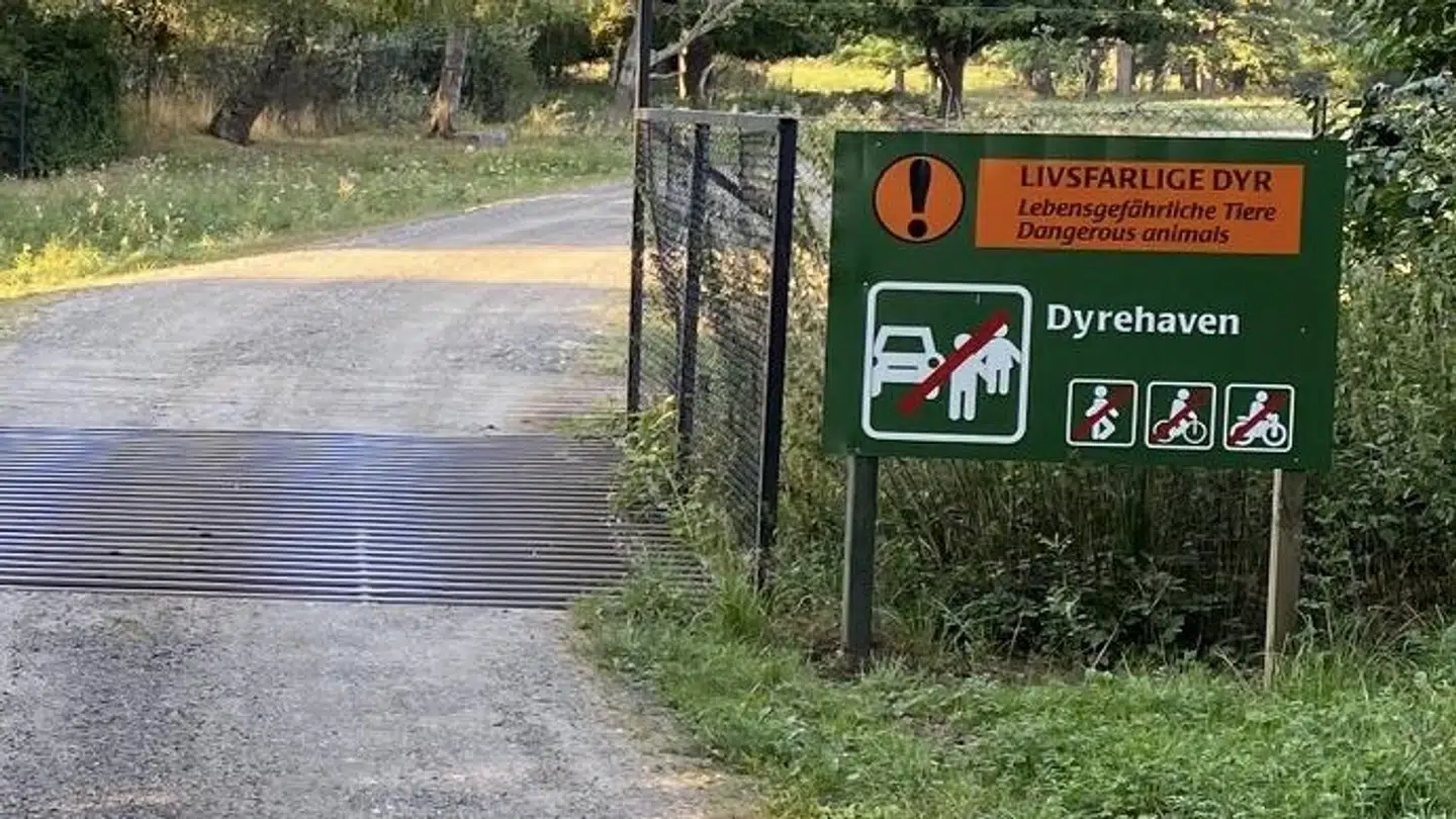 Udgangen fra parken, hvor skilte tydeligt viser, at man ikke må forlade sit køretøj.