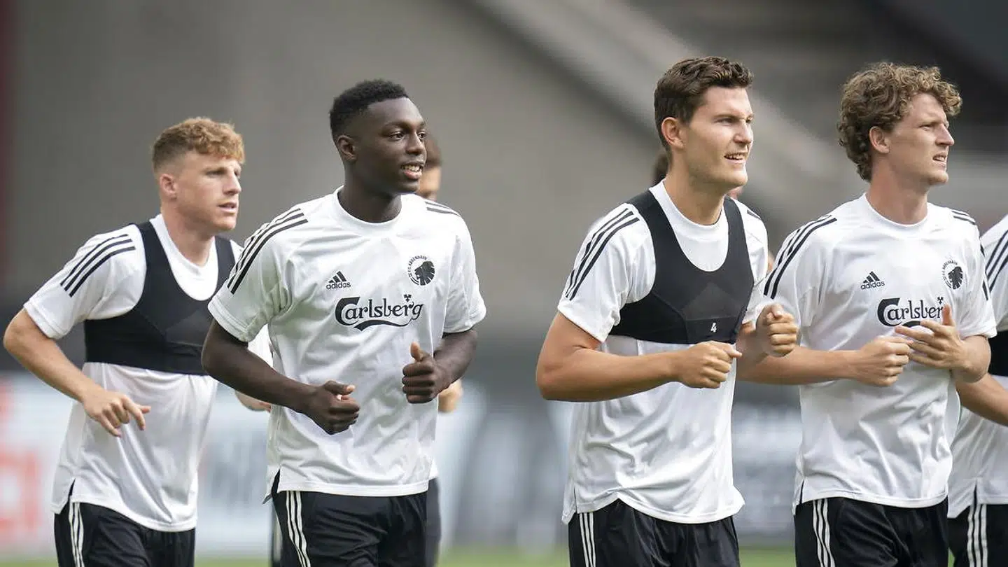 Mohamed Daramy, Jens Stage, Pep Biel og Jonas Wind under FCKs træning dagen før Europa League-kampen mod Manchester United.