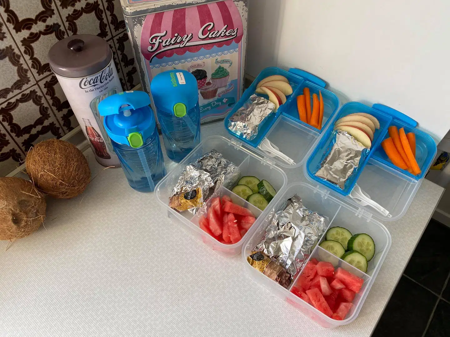 Helene har købt madkasser, hvor der er stort rum til brød og små rum til frugt og andre ting. »Vi andre synes jo også, at det er kedeligt, hvis det bare er en bunke staniol, man åbner op til. Så det hjælper også med noget farve,« siger hun.