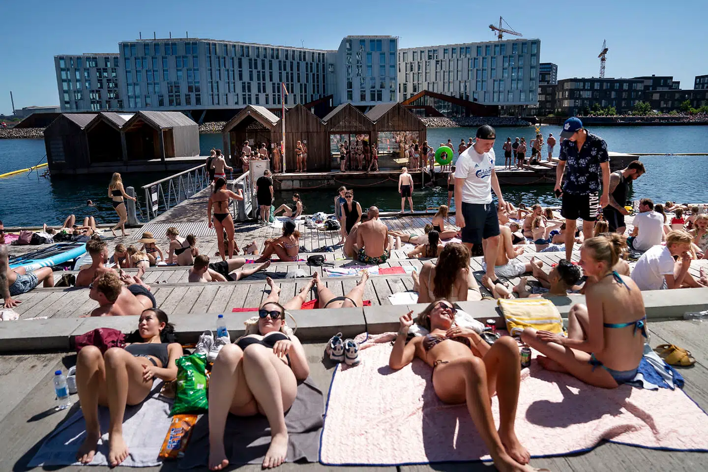 Bade og solgæster nyder sommervejret ved Nordhavn mandag den 1. juni 2020. Denne weekend kommer hedebølgen tilbage til Danmark. Ritzau Scanpix.