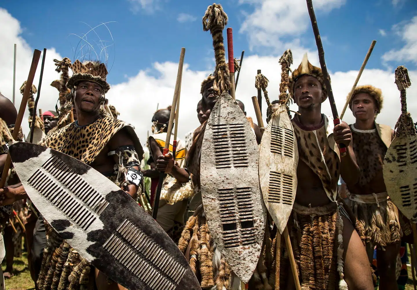En gruppe mænd iført den traditionelle zulu-krigsuniform under en rituel stammedans ved Nelson Mandelas begravelse i 2013. Zulufolket bærer kun traditionelle klædedragter ved store begivenheder.