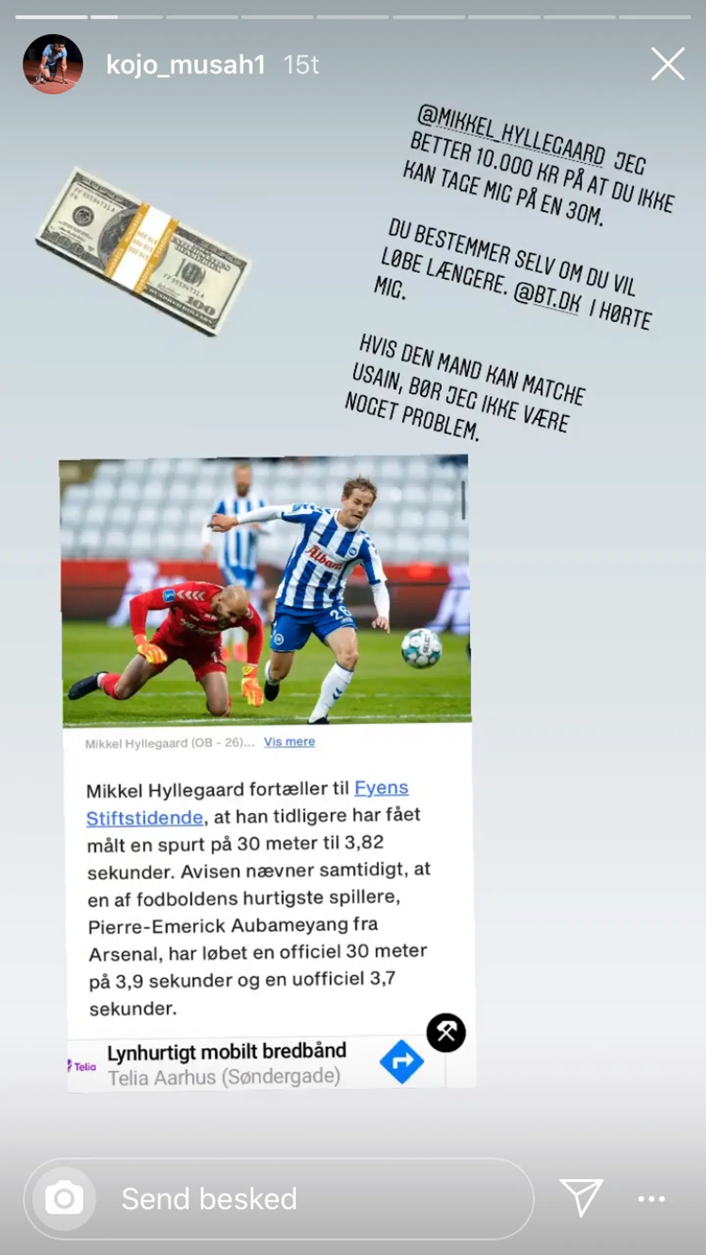Kojo Musahs opslag og udfordring af Mikkel Hyllegaard på Instagram.