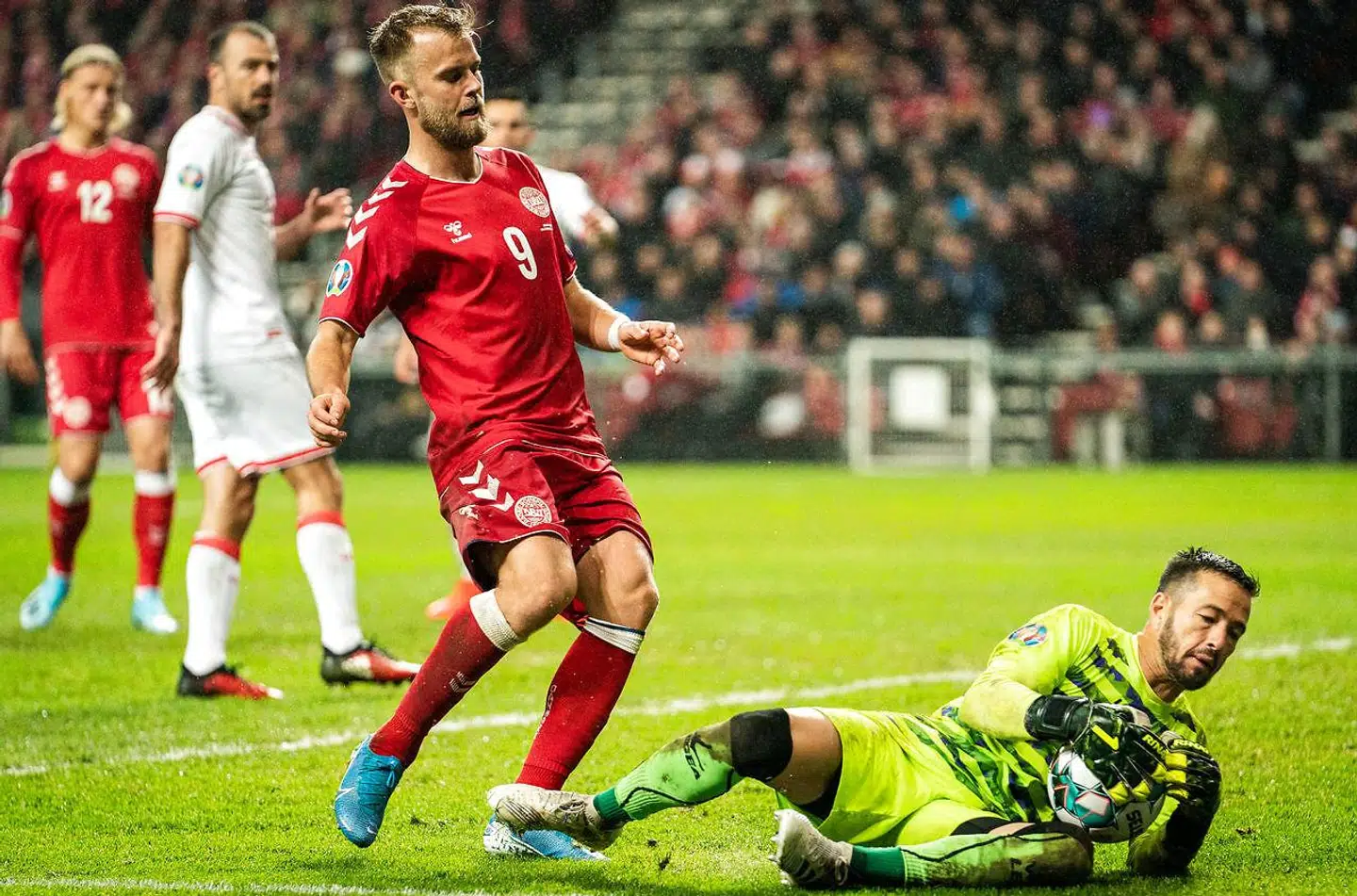 Christian Gytkjær i aktion for det danske landshold 15. november 2019 mod Gibraltar i Parken.