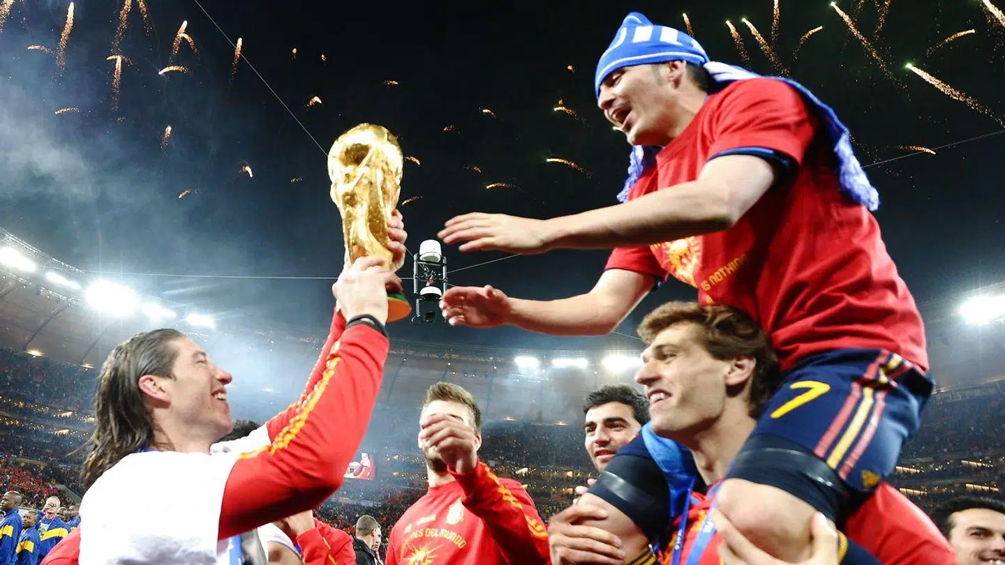 Sådan så det ud i 2010, da David Villa sammen med resten af det spanske landshold kunne fejre VM-triumfen efter en sejr i finalen over Holland.