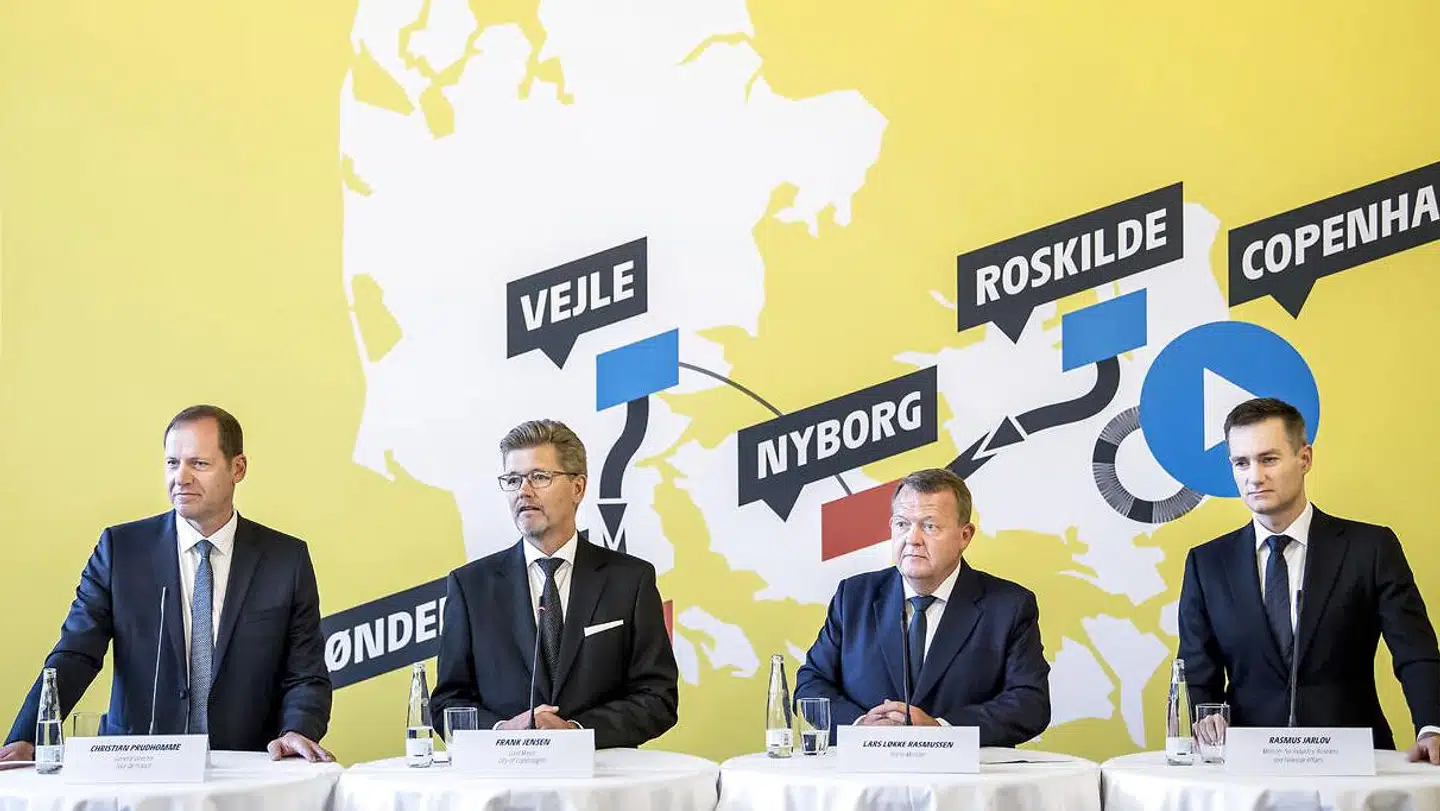 Tour de France-direktør Christian Prudhomme, Københavns overborgmester, Frank Jensen (S), daværende statsminister Lars Løkke Rasmussen og daværende erhvervsminister Rasmus Jarlov (K) ved pressemødet om Tour de France i København i februar 2019.