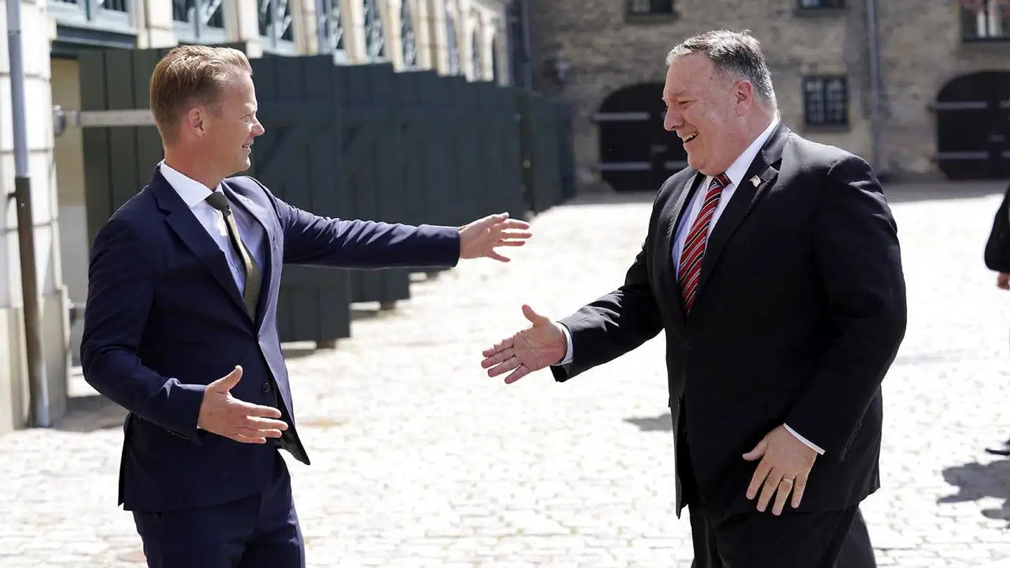 USA's udenrigsminister, Mike Pompeo mødes med udenrigsminister Jeppe Kofod (S), Grønlands naalakkersuisoq for udenrigsanliggender, Steen Lynge, og Færøernes landsstyremedlem for udenrigsanliggender, Jenis av Rana, om det arktiske samarbejde, i København onsdag den 22. juli 2020. . Danmarks gør stadigt mere fælles sag med USA i den hårde kurs overfor Kina, siger professor efter pressemøde med den amerikansk udenrigsminister Mike Pompeo. Det skriver Ritzau, onsdag den 22. juli 2020.. (Foto: Niels Christian Vilmann/Ritzau Scanpix)