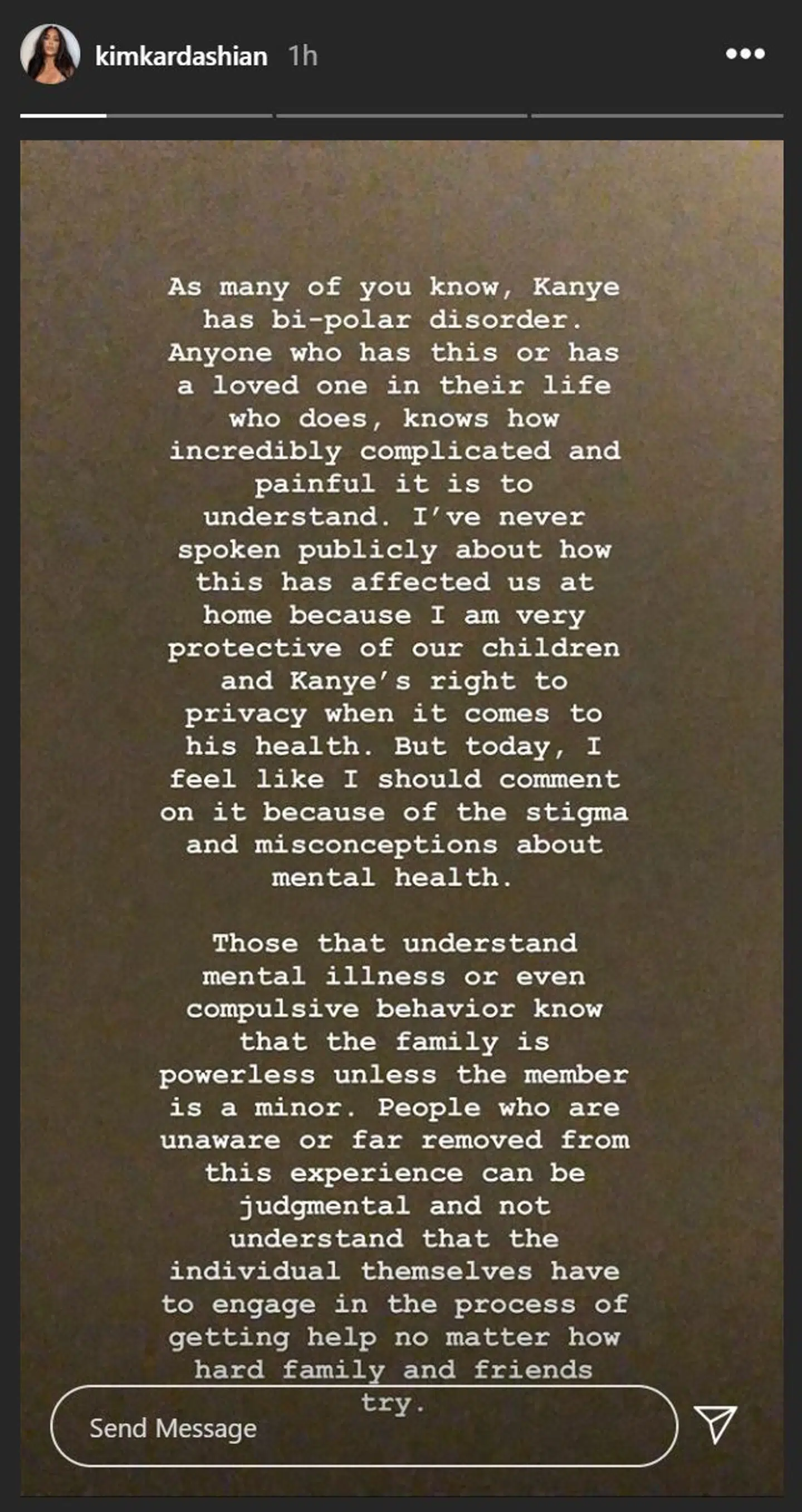 I sin story på Instagram udtaler Kim Kardashian West sig for første om Kanye Wests psykiske sygdom. Dette er første del.