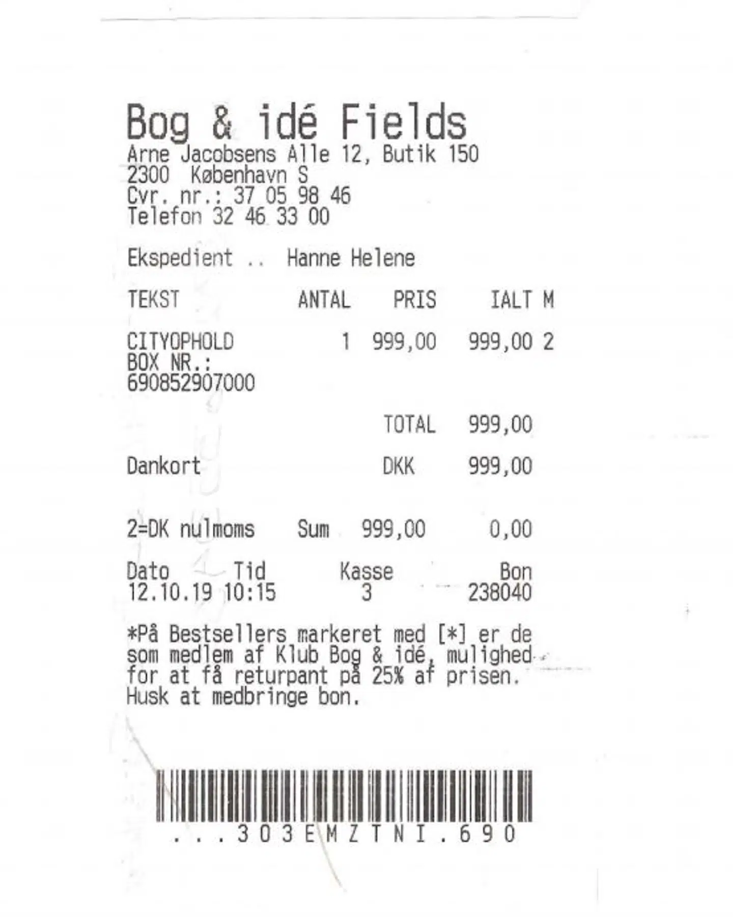 Her kvitteringen for den Smartbox, sølvbryllupsparret modtog i oktober.