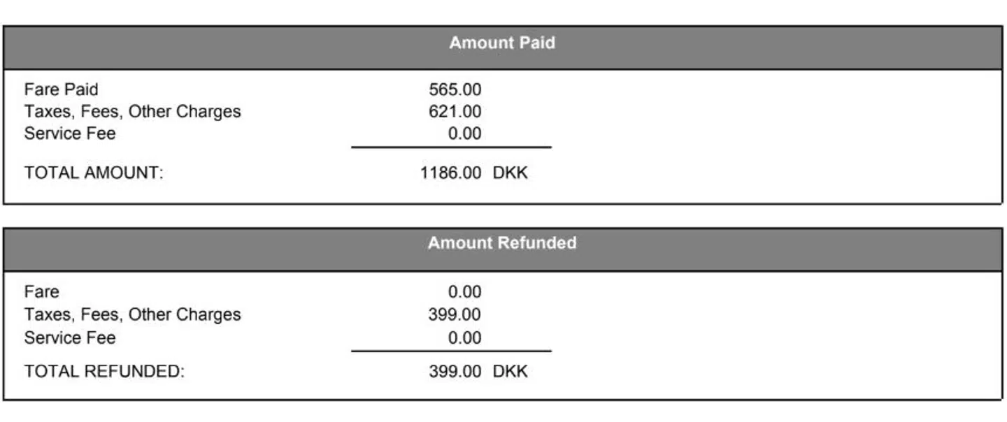 Her det betalte beløb og det beløb, SAS ville refundere.