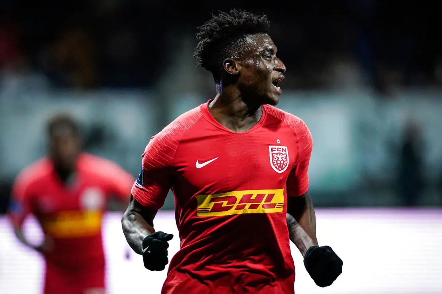 FC Nordsjællands Mohammed Kudus fejrer sin scoring under 3F Superliga-kampen mellem Lyngby BK og FCN, på Lyngby Stadion fredag den 29. november 2019.. (Foto: Niels Christian Vilmann/Ritzau Scanpix)