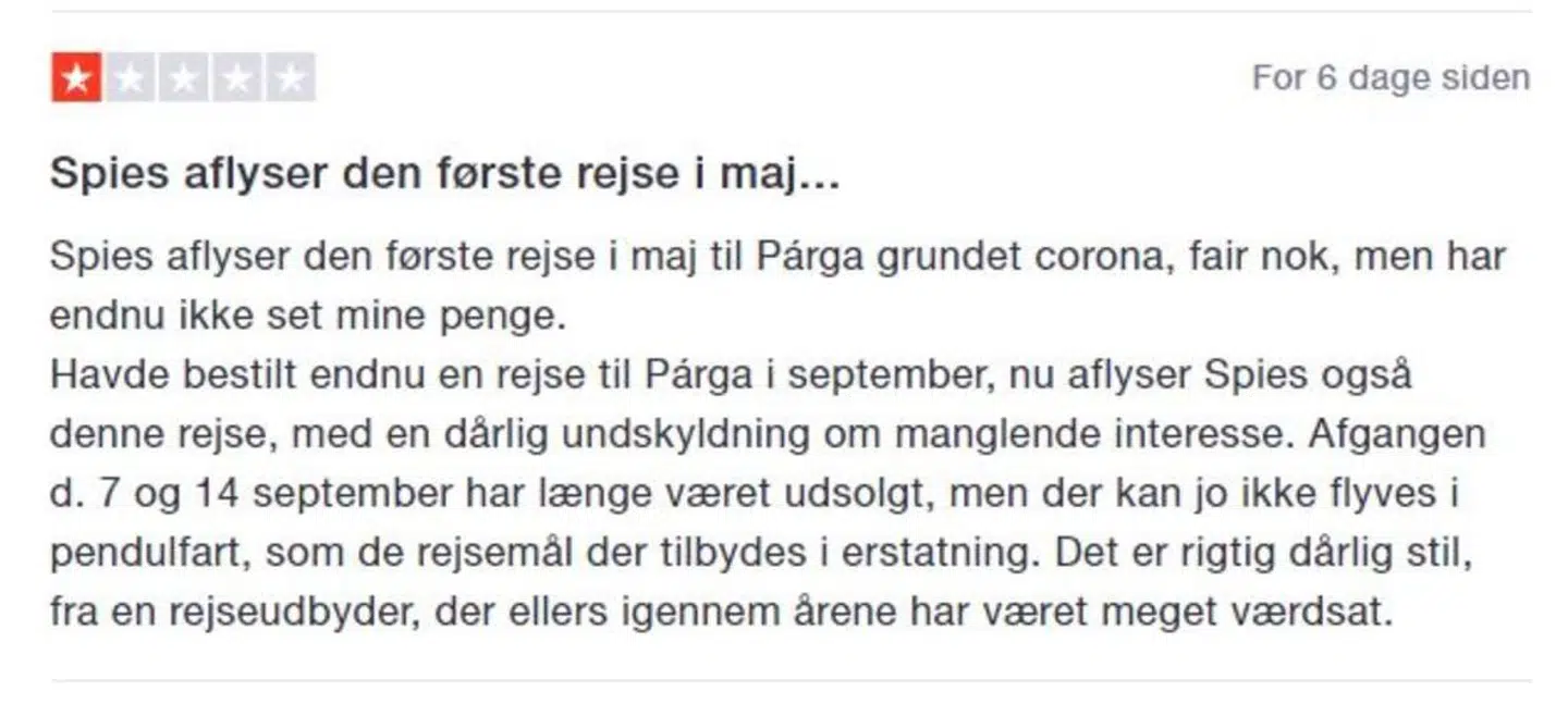 B.T. har ad flere omgange fortalt, hvordan kunderne ved Spies Rejser er sure. Foto: Trustpilot.