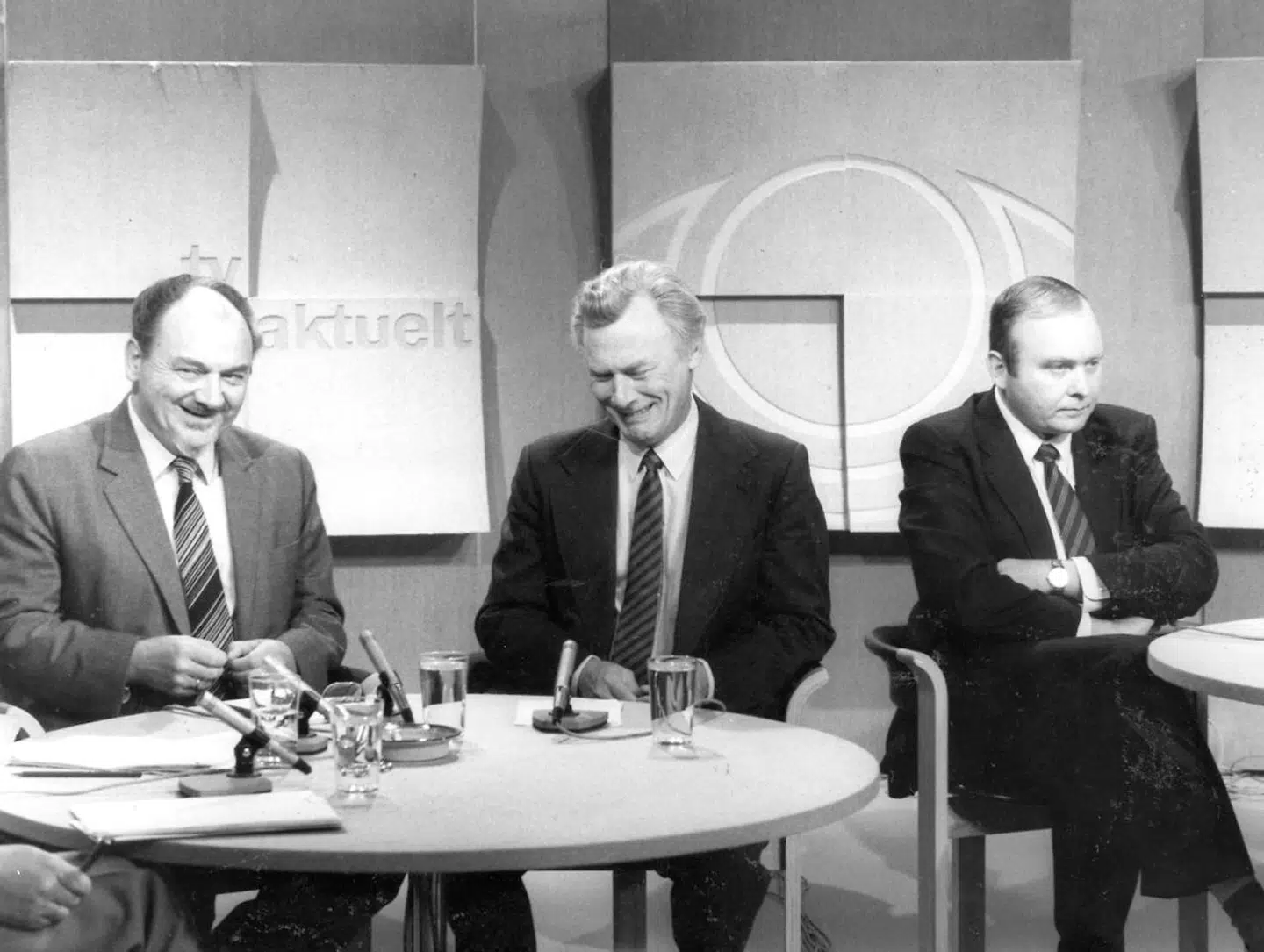 Henning Christophersen (th.), Anker Jørgensen og Poul Schlüter i debat i programmet 'Aktuelt', 1982.
