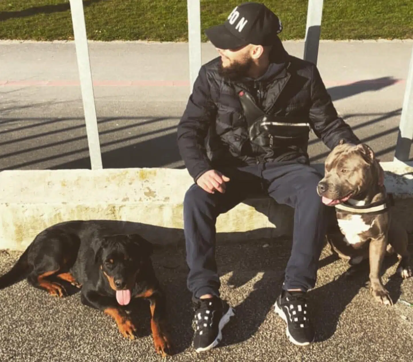 Her ses SB på et billede med to store hunde, han har lagt på Facebook 1. april i år. Foto: Facebook