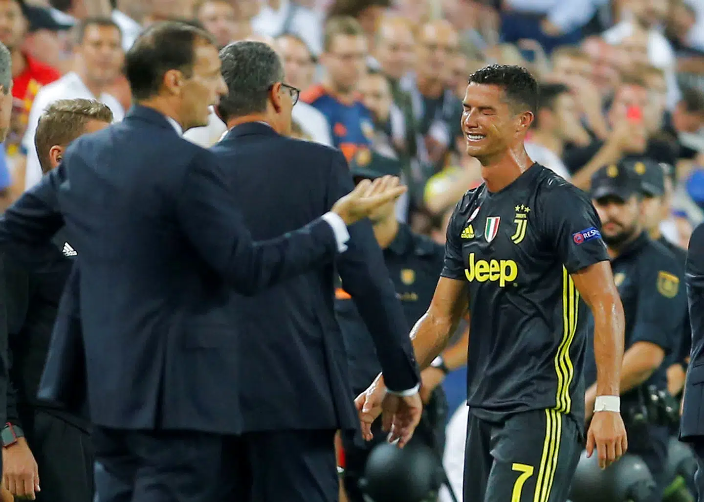 Cristiano Ronaldo havde svært ved at holde tårerne tilbage efter udvisningen mod Valencia, i september 2018.