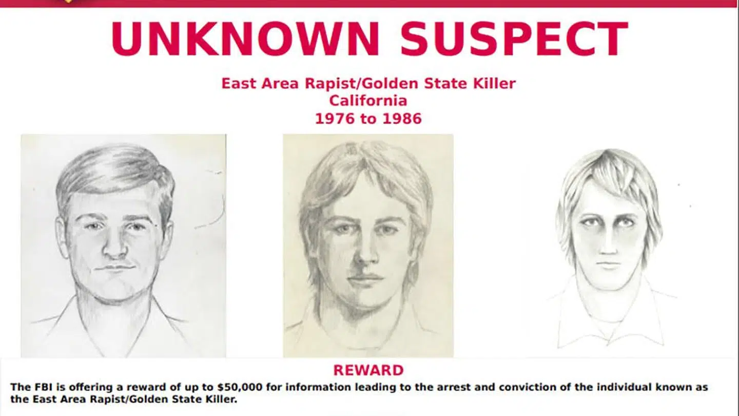 FBI's eftersøgningsplakat med forskellige fantomtegninger af "Golden State Killer".
