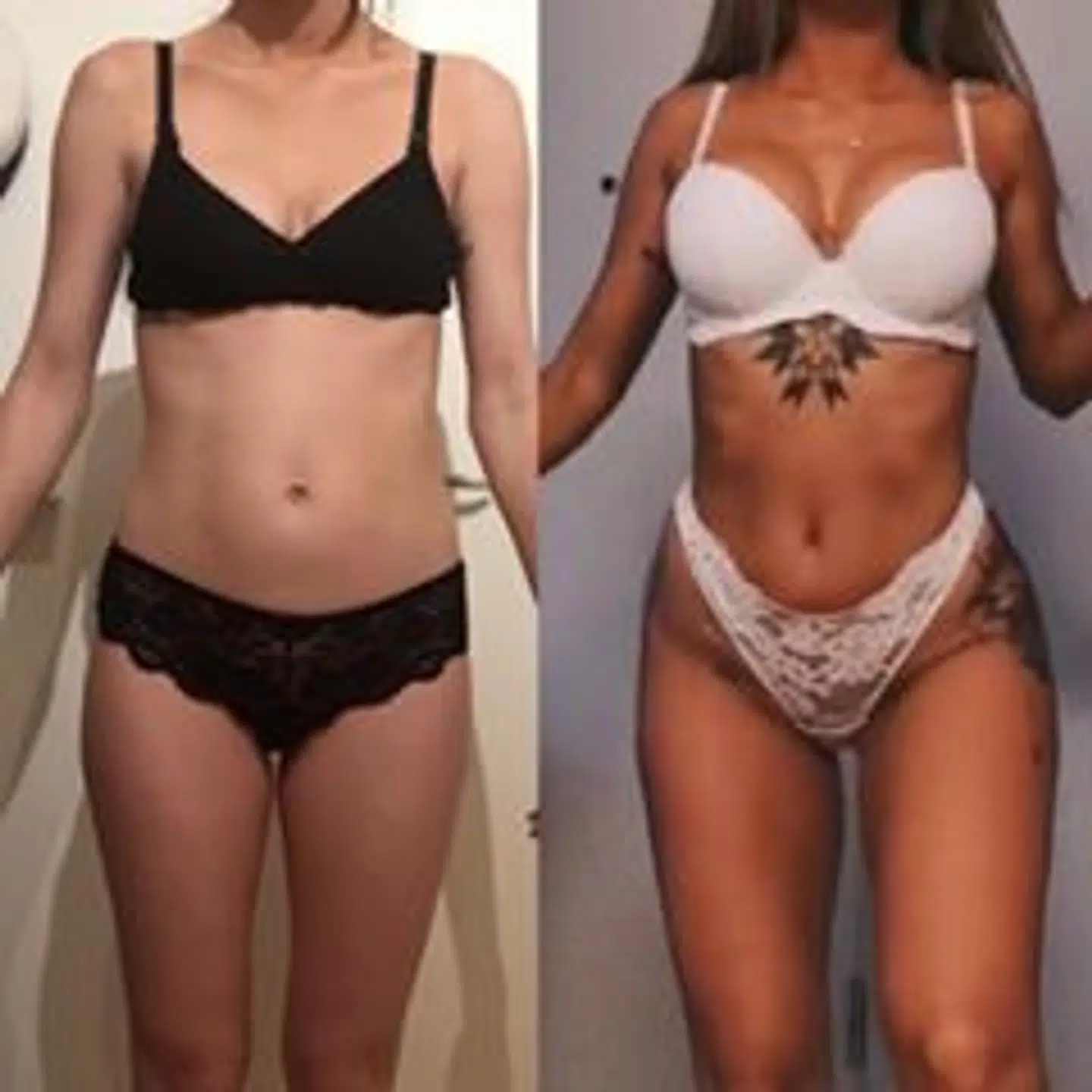 Billedet til venstre er efter jeg havde født og aldrig trænet Billedet til højre er fra nu hvor jeg heller ikke rigtigt træner, men kiloene har sat sig lidt mere rundt omkring end bare på maven, fortæller Camilla. (Foto: privat)