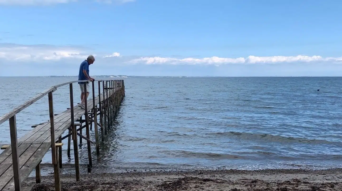 Michael Meyerheim har sammen med sin grundejerforening opsat denne badebro på stranden.