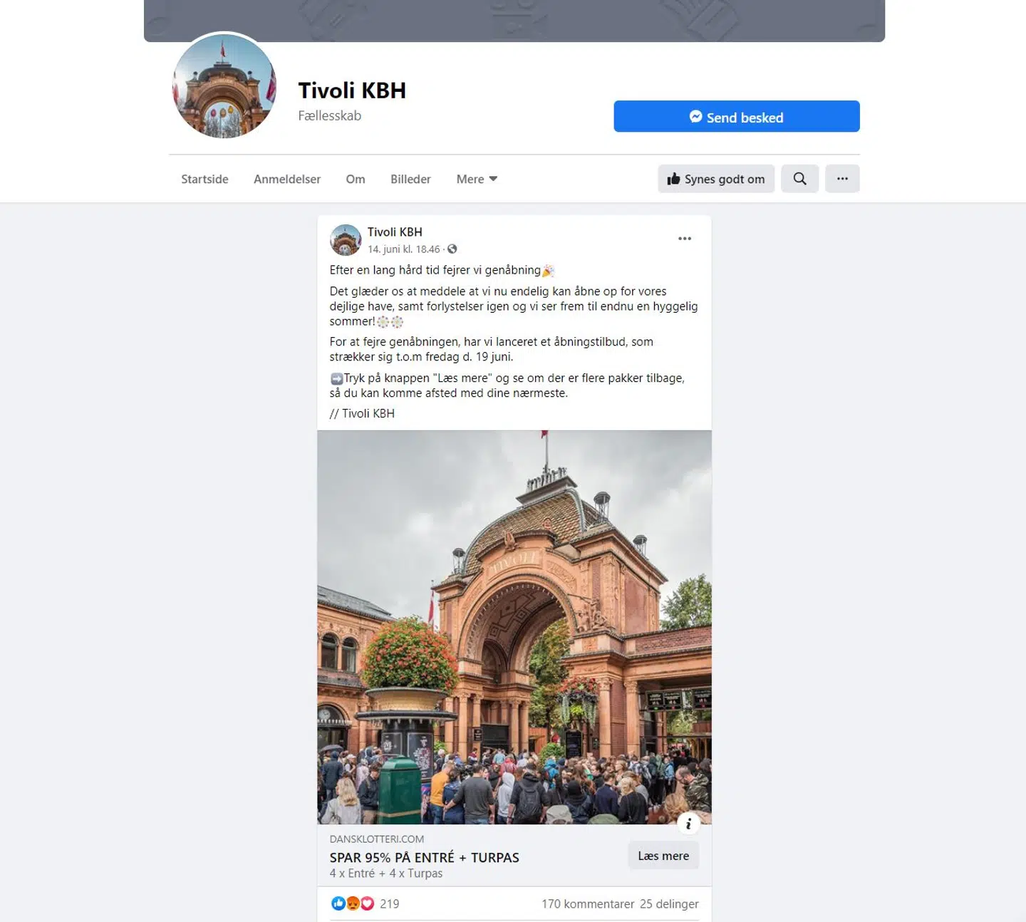 Sådan ser den falske Tivoli-Facebookside med det falske opslag ud.