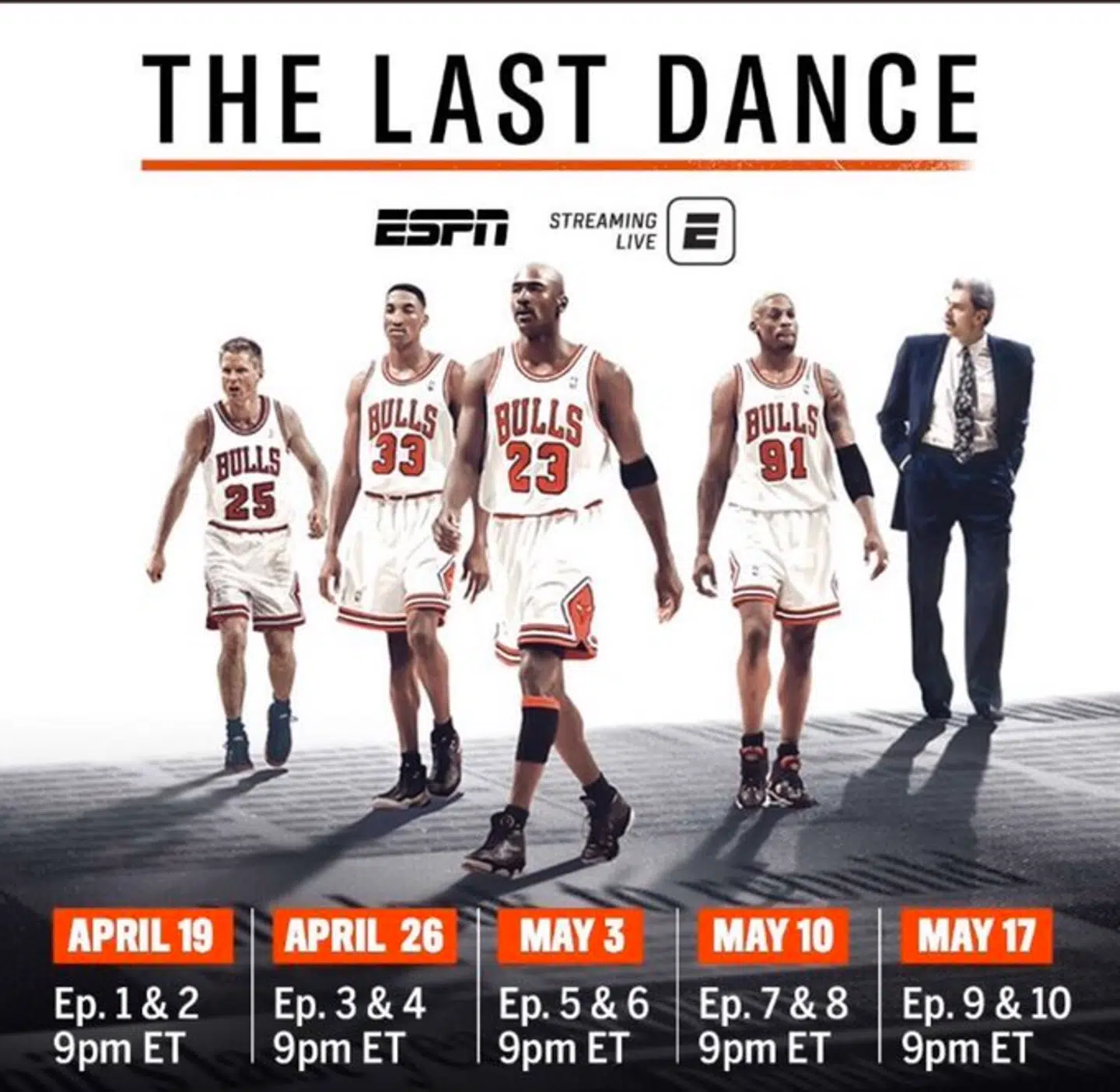 Steve Kerr (tv.) på plakaten for 'The Last Dance' sammen med Scottie Pippen, Michael Jordan, Dennis Rodman og Phil Jackson.