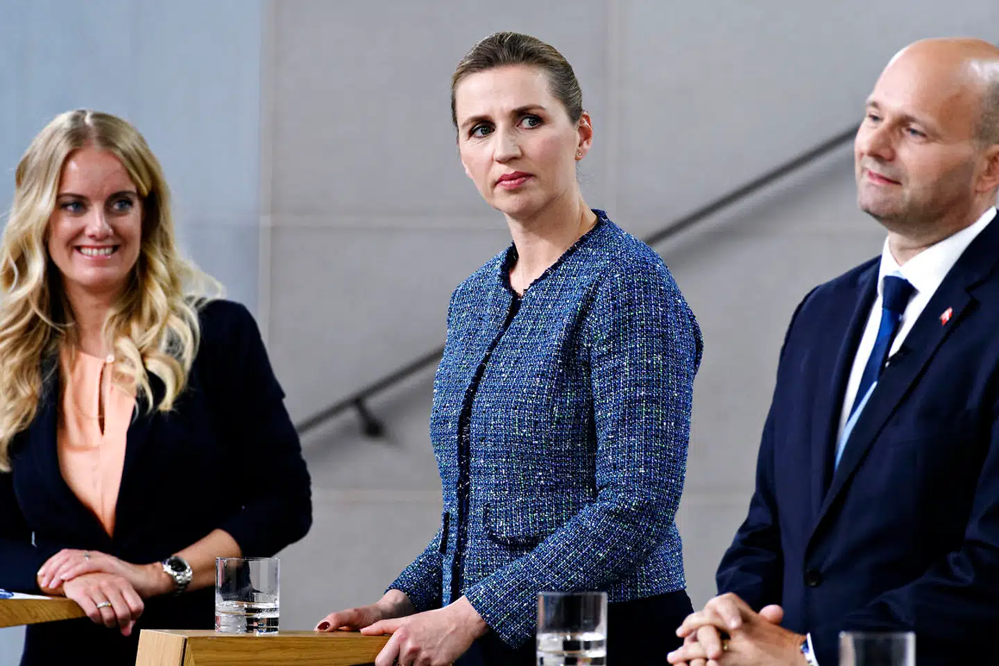 Pernille Vermund (NB), Mette Frederiksen (S) og Søren Pape Poulsen (KF) under partilederdebat om covid-19, på Statens Museum for Kunst i København torsdag den 14. maj 2020. (Foto: Philip Davali/Ritzau Scanpix)