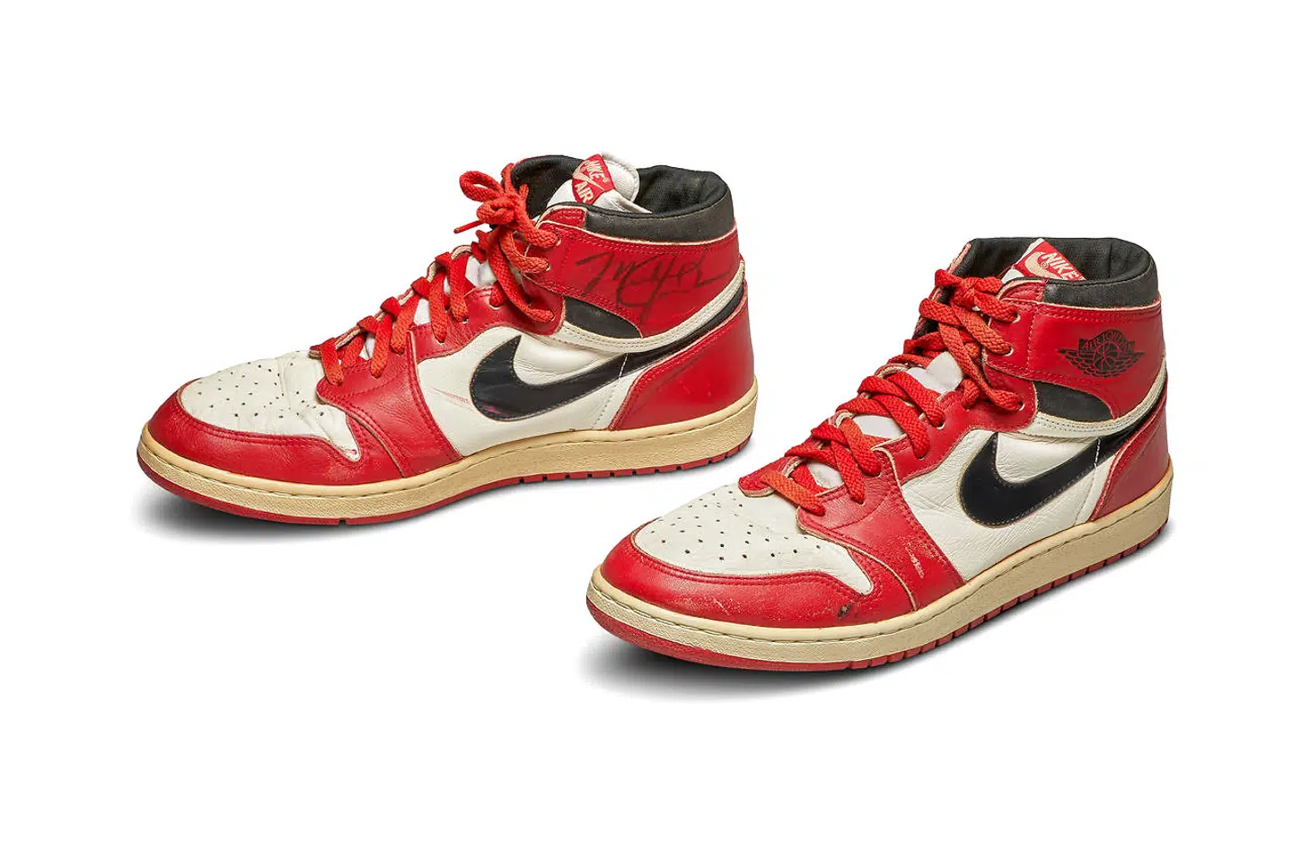 A pair of 1985 Nike Air Jordan 1s, made for and worn by U.S. basketball player Michael Jordan, are seen in an undated handout photo ahead of an online auction by Sotheby's New York. Sotheby's/Handout via Reuters