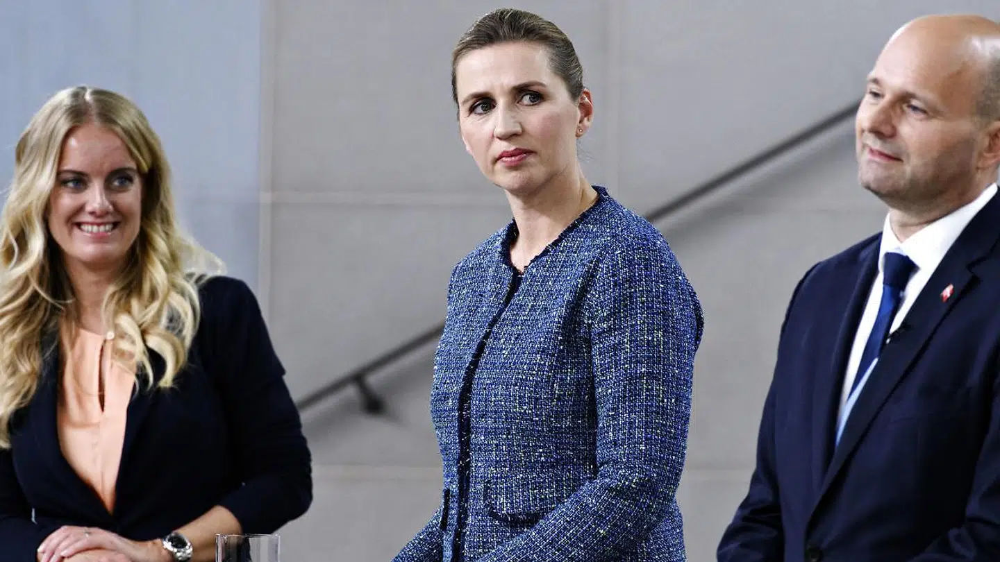 Pernille Vermund (NB), Mette Frederiksen (S) og Søren Pape Poulsen (K) under partilederdebat om covid-19 på Statens Museum for Kunst i København torsdag den 14. maj 2020.