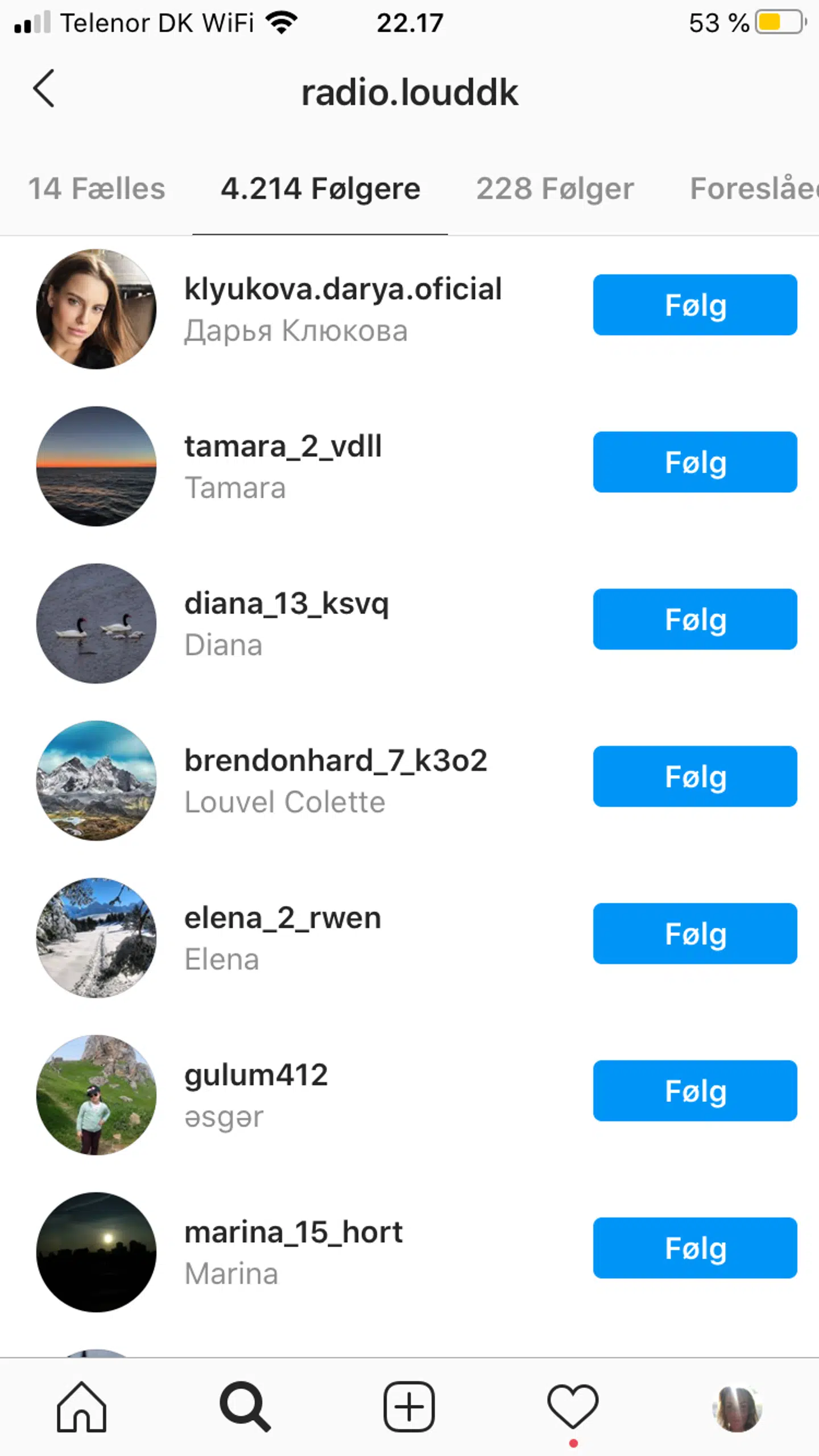 Radio Louds nye følgere på Instagram. Mange har bizarre navne og er reelt falske profiler. Radioen har i skrivende stund fjernet de fleste igen.